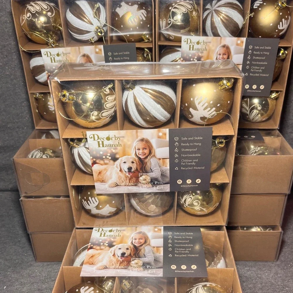 Decor by Hannah 9pc Shatterproof‎ Christmas Ornaments Gold Reindeer Snowflake 9